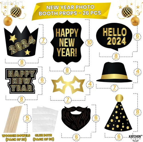 Miniatura 3 de Accesorios grandes para cabina de fotos de Año Nuevo 2023 – Paquete de 26 Accesorios de cabina de fotos de Año Nuevo de papel negro dorado