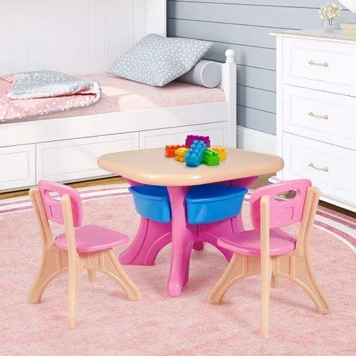 Miniatura 7 de Honey Joy Juego de mesa y silla para niños, mesa de actividades de plástico para niños y 2 sillas con contenedores de almacenamiento, juego de Rosa