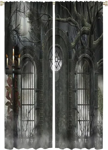 Miniatura 56 de Cortinas góticas con diseño de luna de Halloween, historia, puerta espeluznante, fondo de terror, vela, ficción, patrón de impresión, sala de estar