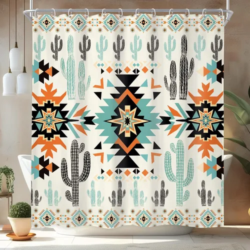 Miniatura 8 de Newsely Cortina de Ducha Pequeña para Caseta RV Occidental Azteca de Cactus 36Wx72H Pulgadas Campista Suroeste Boho Geométrica Étnica Cortina