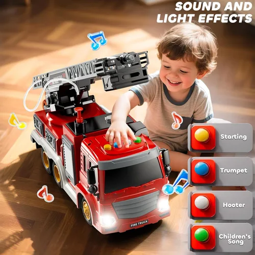 Miniatura 4 de JUKUDAHU Camión de bomberos de juguete para niños de 3, 4, 5, 6, 7, 8 años, juego de camiones de bomberos con escalera giratoria, sonido y luz