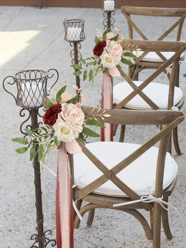 Miniatura 8 de Rinlong 6 piezas de decoración de pasillo de boda, banco de iglesia, verde al aire libre, silla de boda, lazos para ceremonia de boda, decoración