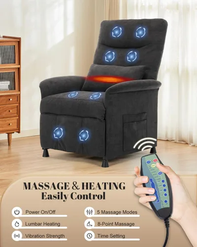 Miniatura 3 de Silla reclinable eléctrica para adultos, sofá reclinable eléctrico con masaje térmico y vibración, reclinable ajustable con bolsillo lateral