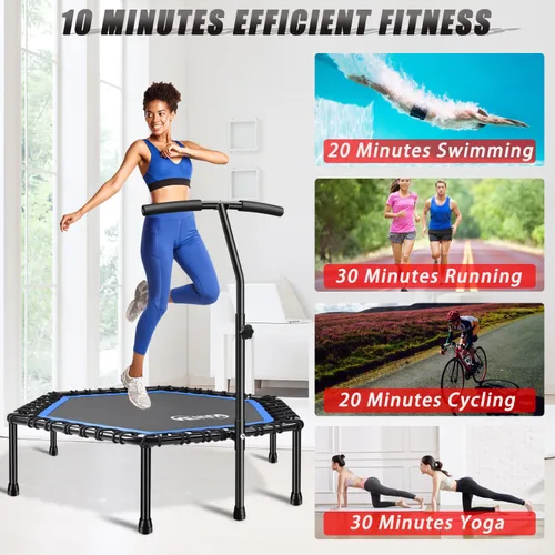 Miniatura 5 de Newan Trampolín de fitness de 48 pulgadas con barra de mango ajustable, trampolín silencioso, bungee rebote, entrenamiento cardiovascular, Azul