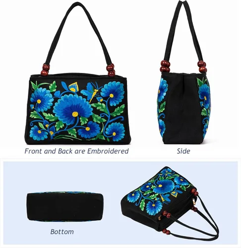 Miniatura 5 de Jursccu Bolsas de hombro étnicas bordadas de doble cara Bolso de viaje para playa
