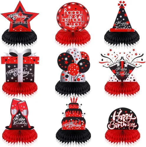 Leyndo - 9 piezas de decoración de mesa de cumpleaños rojo y negro, centros de mesa de panal para fiesta de cumpleaños 16, 18, 21, 30, 40, 50, 60,