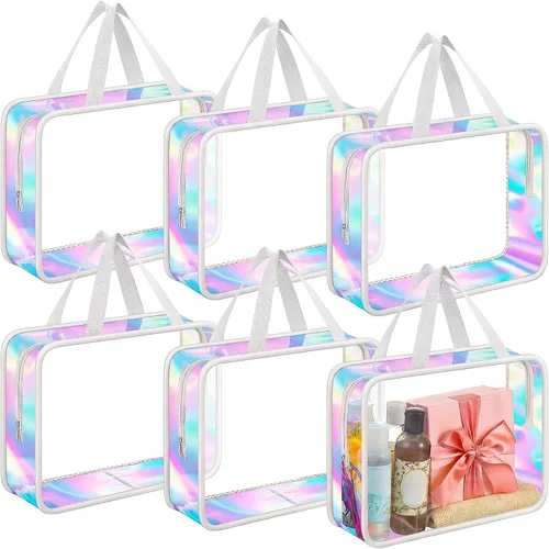 Miniatura 12 de Sweetude Bolsa de aseo transparente grande con asa, bolsa de maquillaje de playa iridiscente de gran capacidad, bolsa de maquillaje de PVC Azul