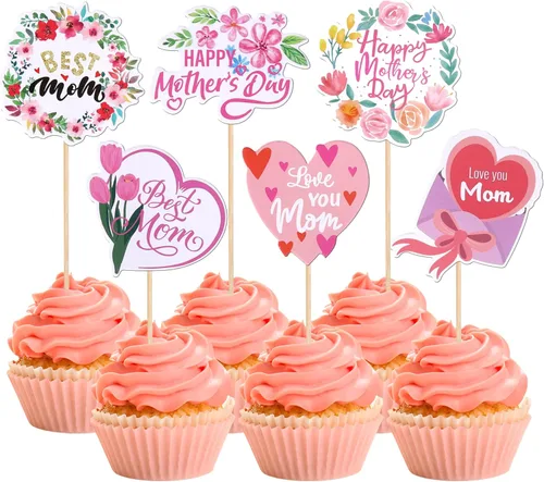 Miniatura 19 de Rsstarxi Paquete de 30 adornos dorados para cupcakes para el Día de la Madre con purpurina para el Día de la Madre, la mejor mamá del mundo