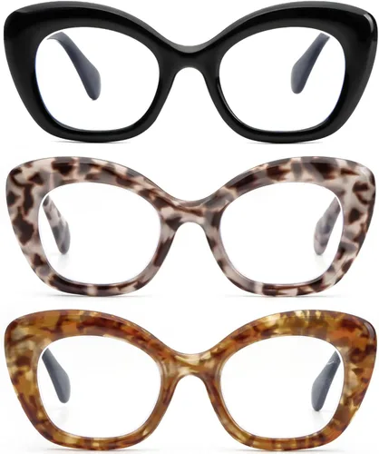 Miniatura 10 de REAVEE Paquete de 3 lentes de lectura de ojo de gato de gran tamaño para mujeres y hombres, marco grueso, bloqueo de luz azul, lentes elegantes