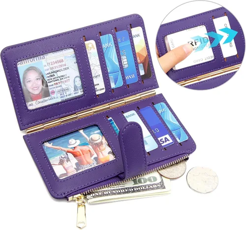 Miniatura 4 de Badiya Tarjetero de crédito para mujer, con bloqueo RFID, delgada, plegable, con bolsillo con cremallera y 3 ventanas para identificación, Violeta