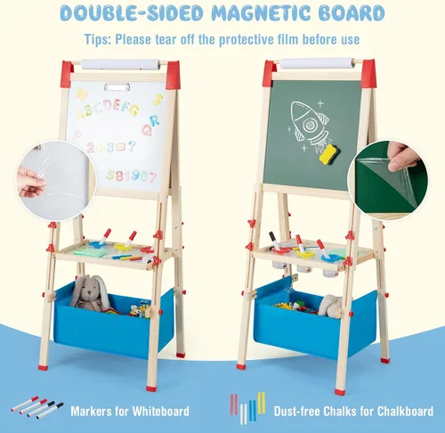 Miniatura 9 de HONEY JOY Caballete para niños, caballete de madera ajustable de doble cara con pizarra magnética y pizarra blanca, rollo de papel, más de 60