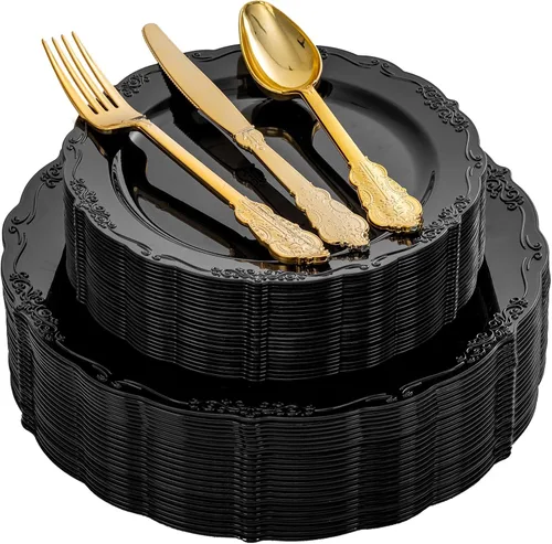 DaYammi 150 Piezas Platos de Plástico Negro y Cubiertos de Plástico Dorado, Juego de Platos Desechables Negros Incluye 30 Platos de Cena, 30 Platos
