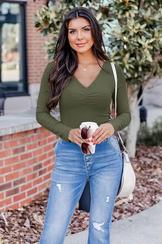 Miniatura 2 de VICHYIE Ropa de otoño para mujer, cuello en V, manga larga, acanalada, ajustada, ajustada