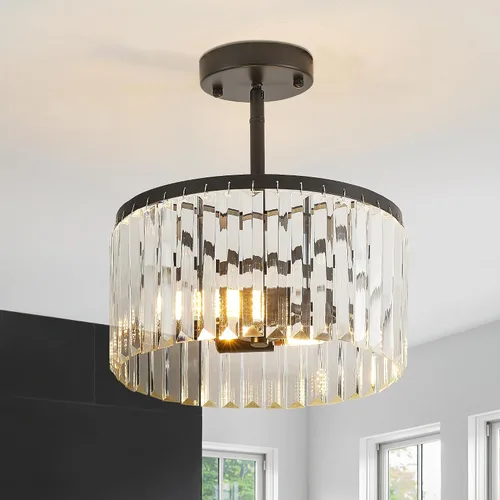Miniatura 5 de Moderna lámpara de techo de cristal semiempotrada negra de 12" para comedor, candelabro pequeño de lujo glamoroso de 2 luces para dormitorio