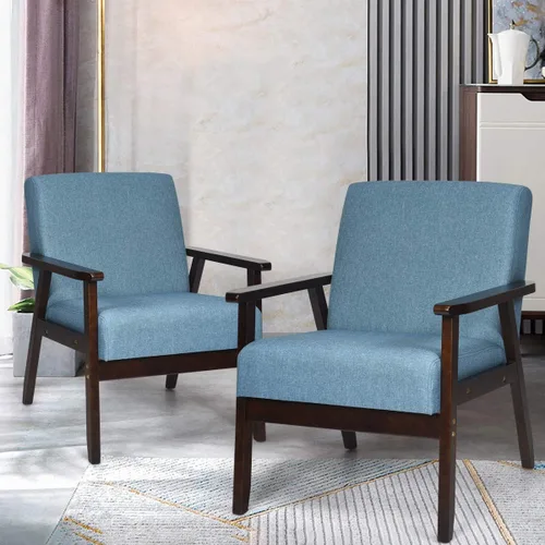 Miniatura 13 de Giantex Juego de 2 sillas decorativas modernas de mediados de siglo, sillón de tela retro, hecho de madera maciza, sillón tapizado de lino para sala