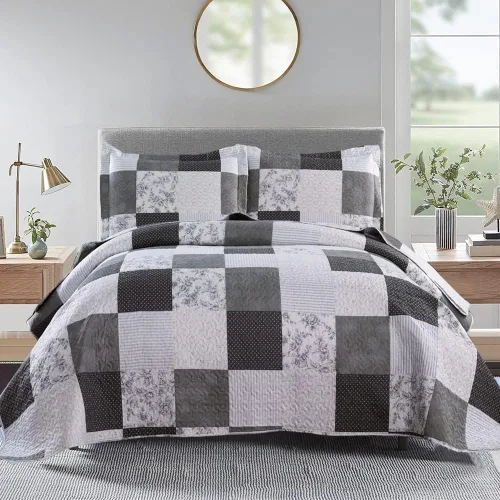 Miniatura 18 de Juego de colcha tamaño queen de Ycosy, ropa de cama a cuadros, colcha de retazos, colcha suave y ligera, colcha a rayas grises y blancas, colcha