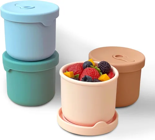 Paquete de 4 recipientes de silicona de almacenamiento de alimentos de 8.5 onzas con tapas, 1 taza de recipientes reutilizables para refrigerios y