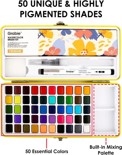 Miniatura 5 de Grabie Juego de Pintura de Acuarela Todo en Uno Premium de 50 Colores - Pincel de Pintura de Detalle Incluido, Pinturas de Acuarela, Juegos de 50