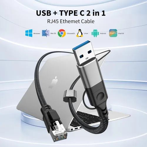 Miniatura 3 de Adaptador USB C a Ethernet de 4 pies, cable de red LAN Gigabit 2 en 1 USB-C/USB 3.0 a RJ45 Gigabit, 1000 Mbps conectado directamente, cable Ethernet
