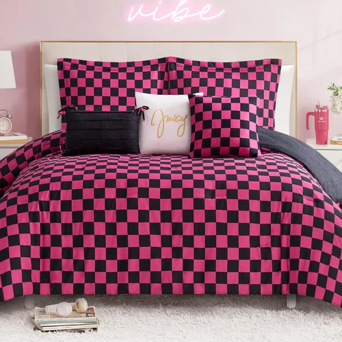 Juego de edredón reversible de cuadros de Juicy Couture, juego de 5 piezas tamaño individual/individual XL, negro/rosa intenso