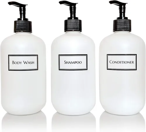 Silkscreened - Juego de botellas de ducha vacías para champú, acondicionador y gel de baño, sentadillas, 16 onzas, paquete de 3, color blanco Bombas