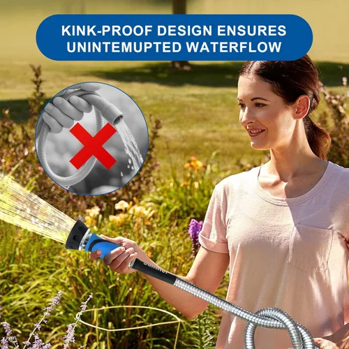 Miniatura 7 de Manguera de jardín de metal de 25 pies, manguera de jardín flexible de acero inoxidable ligera, manguera de agua resistente con boquilla de alta