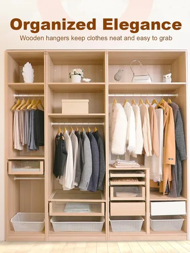 Miniatura 7 de HOUSE DAY - Juego de 10 perchas de madera con barra antideslizante para pantalones, percha de madera resistente para clóset, perchas de madera