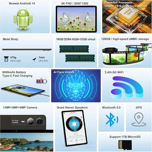 Miniatura 5 de Tablet Android 14 de 11 pulgadas 2000*1200 Pantalla 2K Tablets PC, T616 Octa-Core 2.0GHz, 18GB RAM 128GB ROM 1TB Expandible, Cámara AI 5+5+13MP