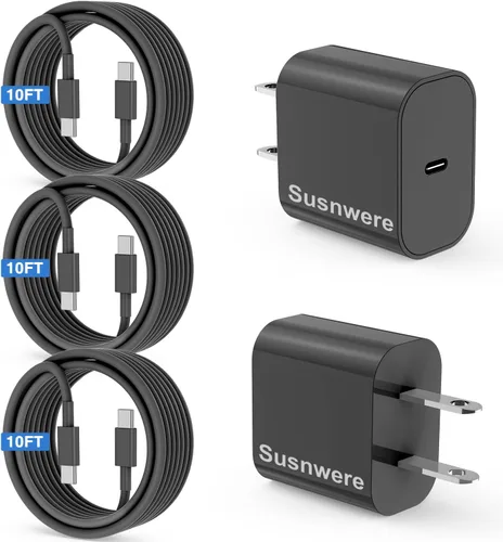 Miniatura 14 de Susnwere Cargador de pared USB C de 65 W para Samsung S26 Ultra, 3 puertos de 100 W PD rápida 3.0 tipo C carga con cable USB C de 3/6/10/10 pies