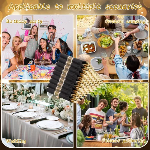 Miniatura 6 de Supernal Paquete de 60 cubiertos dorados, enrollados, preenvueltos con servilletas negras, cubiertos de plástico resistente, tenedores y cucharas