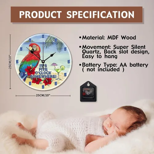 Miniatura 6 de It's 5 O'Clock Somewhere - Reloj de pared de 10 pulgadas, reloj de pared de loro de playa Martini, funciona con pilas, sin tictac, reloj de madera