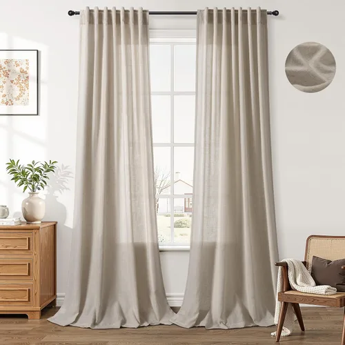 Miniatura 9 de Aersas Aqua Green Linen Curtains 84 Inches Long 2 Panels Set Back Tab Rod Pocket Living Room Curtain Farmhouse Rustic Light Filtering Hook Drapes