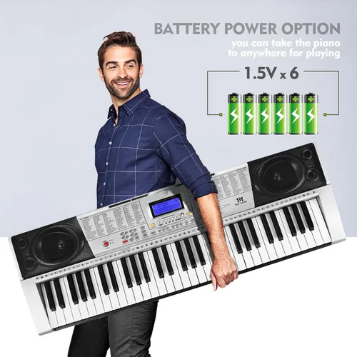 Miniatura 4 de MUSTAR Teclado de Piano de 61 Teclas, Teclado de Piano Eléctrico MEKS-400 con Teclas Iluminadas, Teclados de Piano de Aprendizaje para Plateado