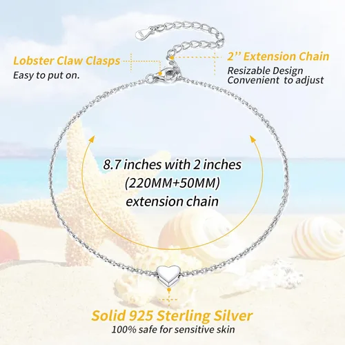 Miniatura 4 de ChicSilver - Personalizado 925 plata de ley, diminuto corazón, luna, estrella, sol, punto, triángulo. Tobilleras sencillas, joyas para el pie