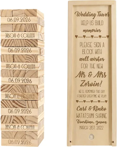 Miniatura 12 de WE Games Alternativa de libro de invitados de boda personalizado, caja de recuerdos de madera, 54 bloques, grabado personalizado