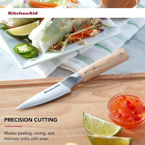 Miniatura 2 de KitchenAid Cuchillo de pelar forjado de 3.5 pulgadas de alta calidad, hoja de acero de damasco AUS-10, mango de madera de Pakka con triple remache