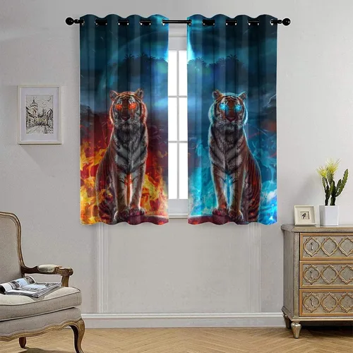 Miniatura 4 de Cool King of The Forest - Cortinas opacas con diseño de tigre anime, fantasía, animal, fuego, tigre, hielo, con ojales, ahorro de energía, 2