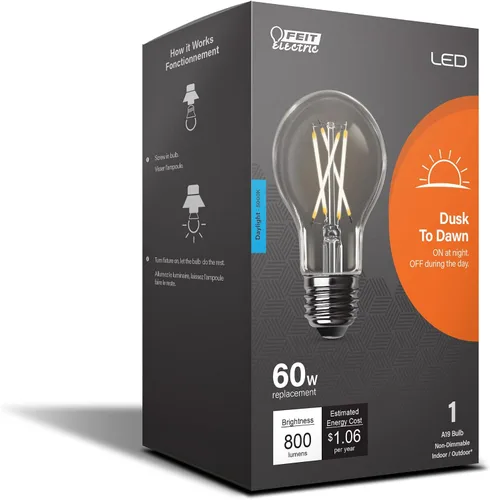 Miniatura 2 de Feit Electric Bombilla LED integrada con sensor de atardecer a amanecer, filamento transparente A19 con una bombilla de base media E26, equivalente
