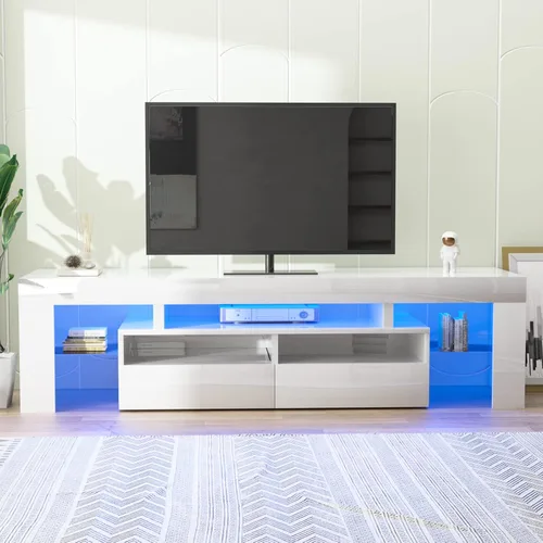 Miniatura 10 de St.Mandyu Soporte de TV LED para TV de 65/75/85 pulgadas, centro de entretenimiento moderno de alto brillo con cajón y luces LED, mesa de televisión