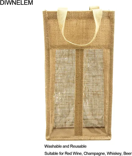 Miniatura 5 de 1 paquete de bolsas de regalo de vino de arpillera con dos ventanas, doble ventana, dos botellas, bolsa de yute de arpillera para botellas de vino