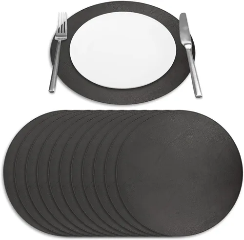Miniatura 16 de Juego de 6 manteles individuales redondos de piel sintética de 15 pulgadas para comedor, resistentes al calor y antideslizantes, lavables, Negro
