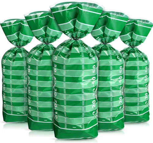 Blulu 100 bolsas de golosinas de fútbol de celofán, bolsas de plástico sellables con calor de celofán con lazos plateados, recuerdos de fiesta