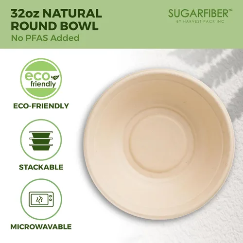 Miniatura 3 de [500 SET]Harvest Pack 32 oz Round Compostable Bowls with Flat Lids, Heavy-Duty Eco-Friendly Disposable Bagasse Paper Bowl for Meal Prep, Made of