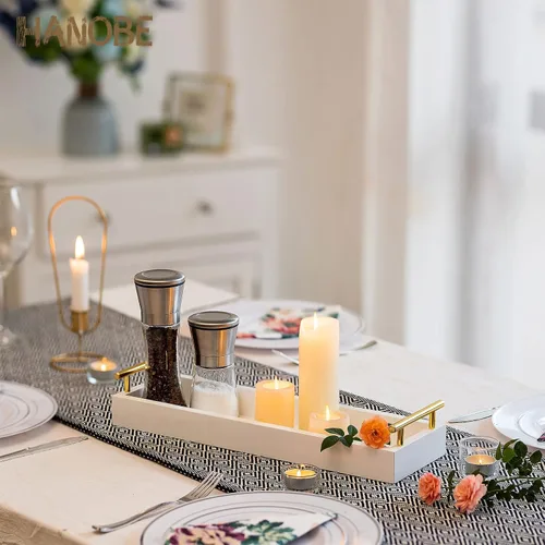 Miniatura 4 de Hanobe Bandeja larga para centro de mesa: bandejas estrechas decorativas portavelas de madera, bandeja de centro de mesa con asas para decoración