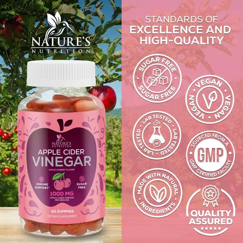 Miniatura 4 de Gomitas de vinagre de sidra de manzana, 1000 mg por porción, suplemento de vitaminas ACV sin azúcar, vitamina B12 y B6 para energía, soporte