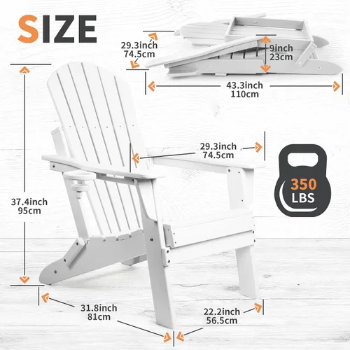 Miniatura 3 de FUNBERRY Silla plegable Adirondack, sillas para fogatas de todo clima de HDPE con portavasos para exterior Blanco