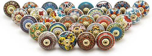 Miniatura 10 de FOLK CRAFT Pomos decorativos para cajones – Paquete de 12 piezas – Manija de puerta de armario de armario con flores hechas a mano para decoración