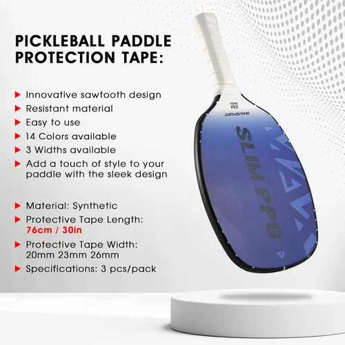 Miniatura 5 de PICKLETECH Cinta de protección de pala de pickleball – Protector de borde de cabeza de paleta – Cinta de protección de borde de raqueta ajuste