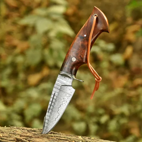 Miniatura 5 de Cuchillo de caza de 10 pulgadas – Cuchillos de hoja fija hechos a mano de acero de Damasco – Mango de madera de nogal y funda de cuero – Cuchillo