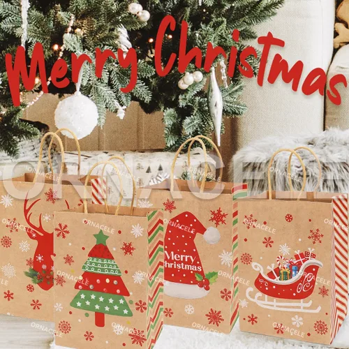 Miniatura 4 de ORNACELE 24 piezas de bolsas de regalo de Navidad surtidas - Pequeñas bolsas de papel kraft con asas e impresiones navideñas para envolver regalos